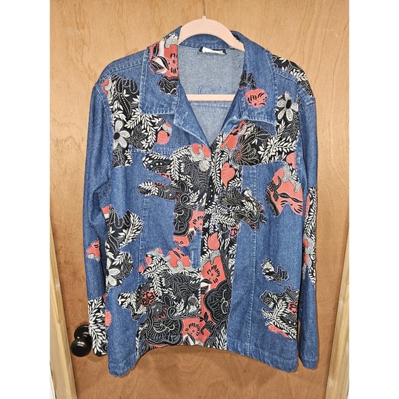new directions Tops - New Direction Women's Embroidered Floral Button Front Long Sleeve Denim Shirt